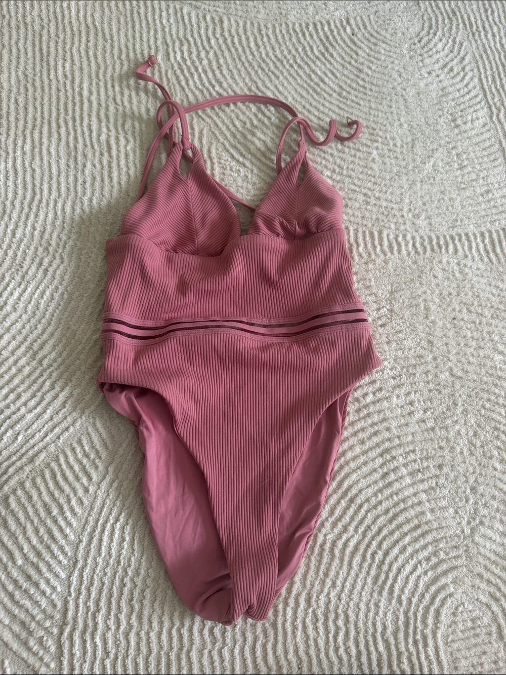 Ribbed One-Piece Swimsuit in Dusty Pink with Waist Detail